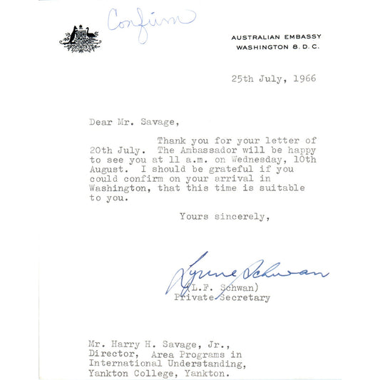 Australian Embassy Official Letterhead Memo L.F. Schwan 7/25/66 B9