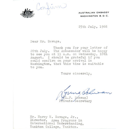 Australian Embassy Official Letterhead Memo L.F. Schwan 7/25/66 TK1-P10