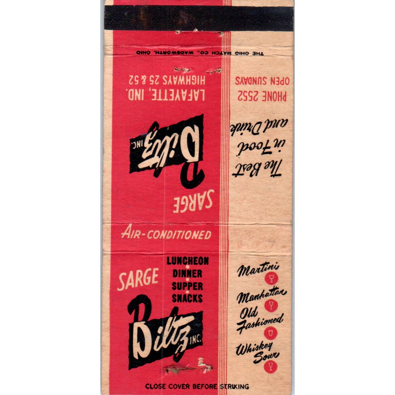 Sarge Biltz Restaurant Lafayette Indiana Advertising Matchbook Cover SA1-M11