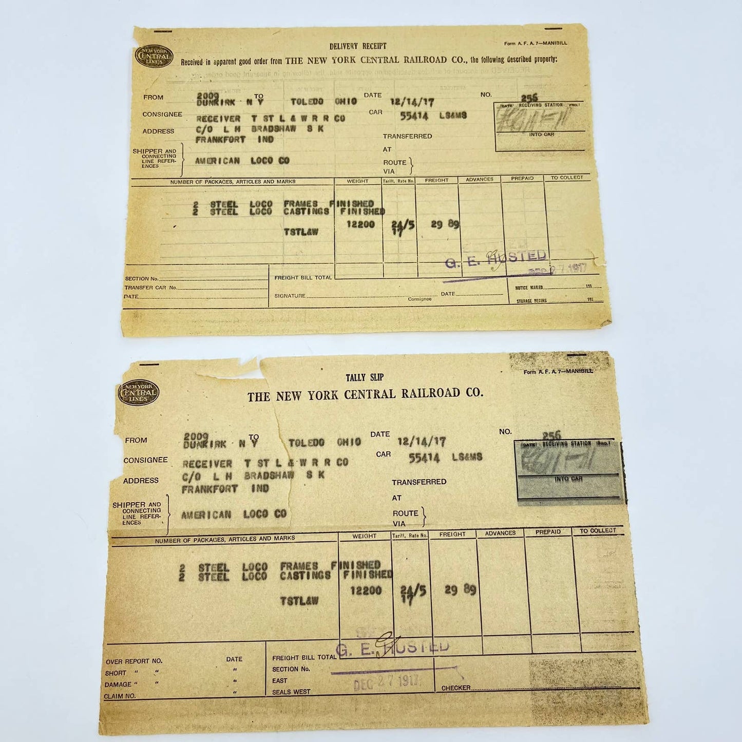 1917 The New York Central Lines Railroad RR Tally Slip Receipt Lot of 2 AB1