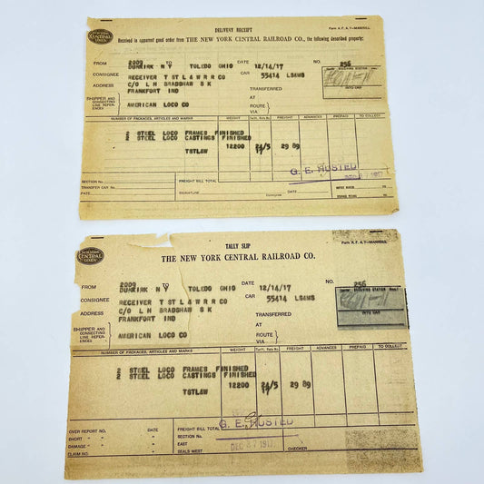 1917 The New York Central Lines Railroad RR Tally Slip Receipt Lot of 2 AB1
