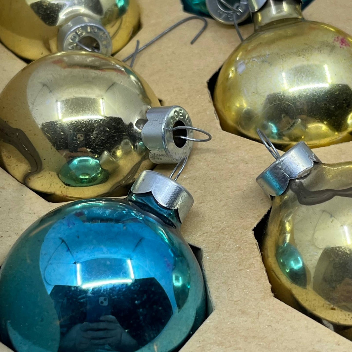 Coby 12 Vintage 1 3/4" Mercury Glass Ornaments Original Box Blue Gold OT1