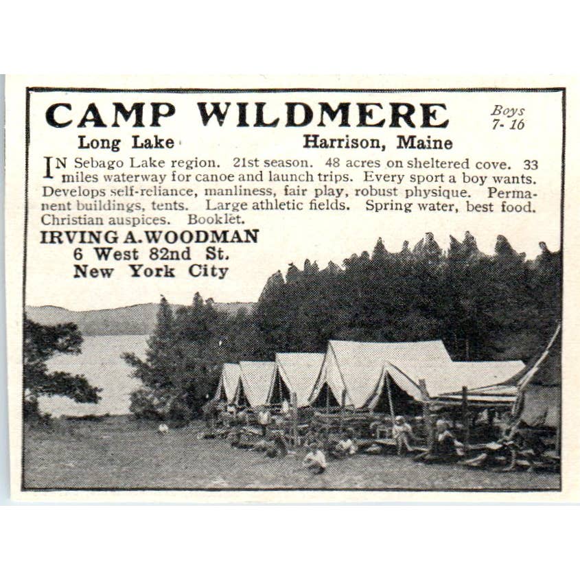 Camp Wildmere Long Lake Harrison Maine Irving A. Woodman 1921 Original Ad TJ7-S8