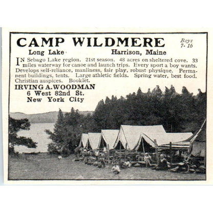 Camp Wildmere Long Lake Harrison Maine Irving A. Woodman 1921 Original Ad TJ7-S8