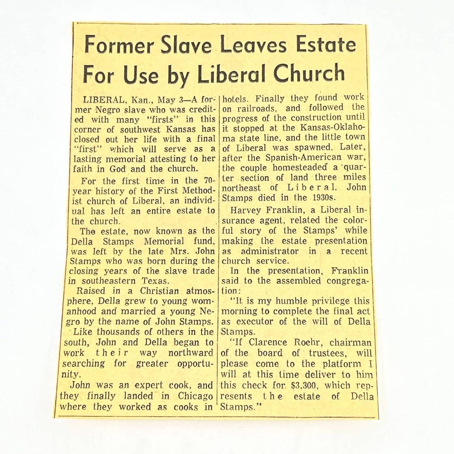 1930s Newspaper Article - Former Slave Leaves Estate to Church Liberal KS AB8