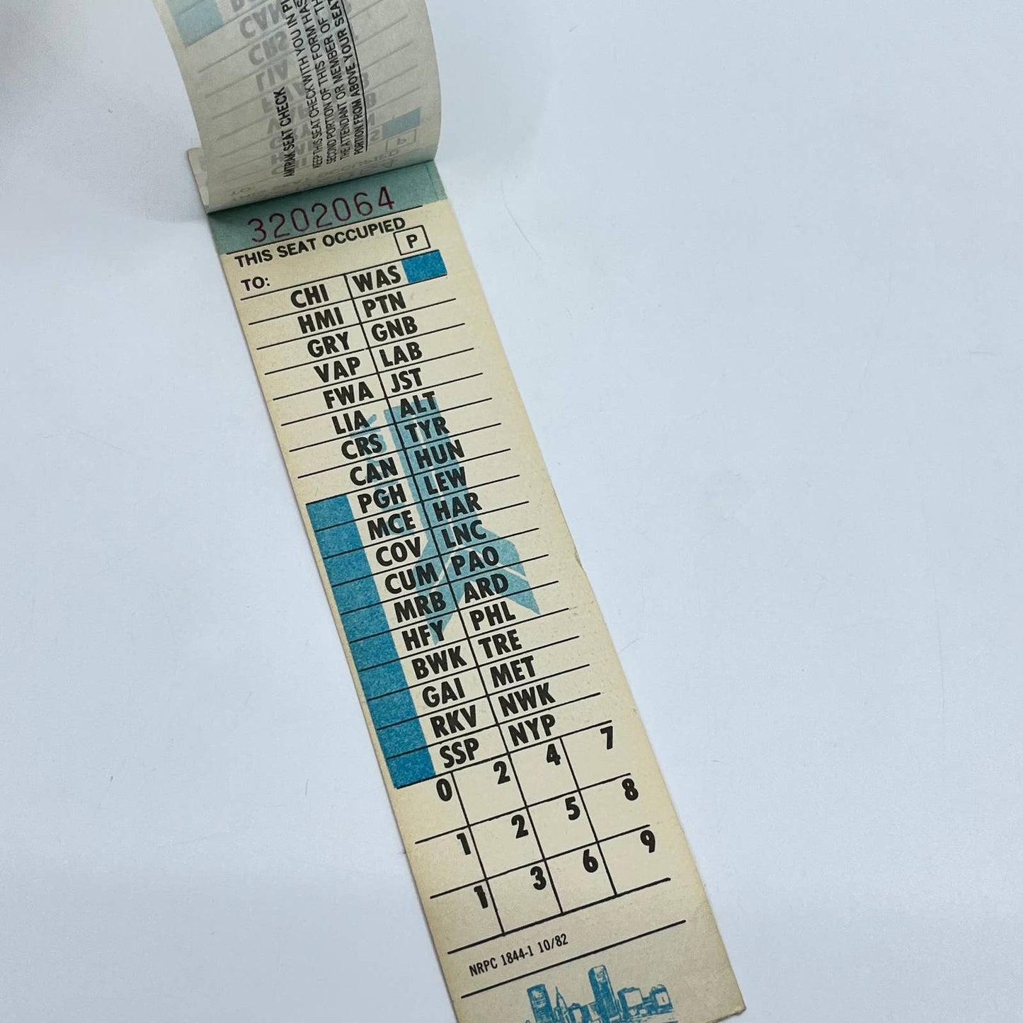 1982 Amtrak Seat Check Ticket Stub AB2