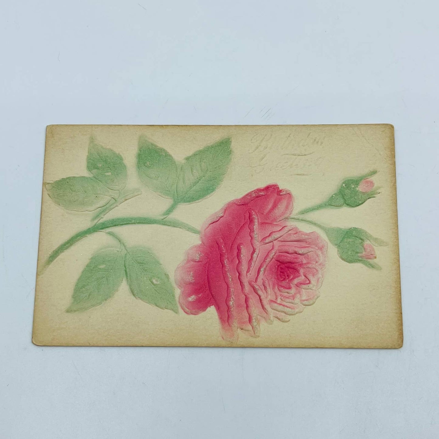 1910s Birthday Post Card Embossed Airbrushed ART NOUVEAU Pink Rose PA5