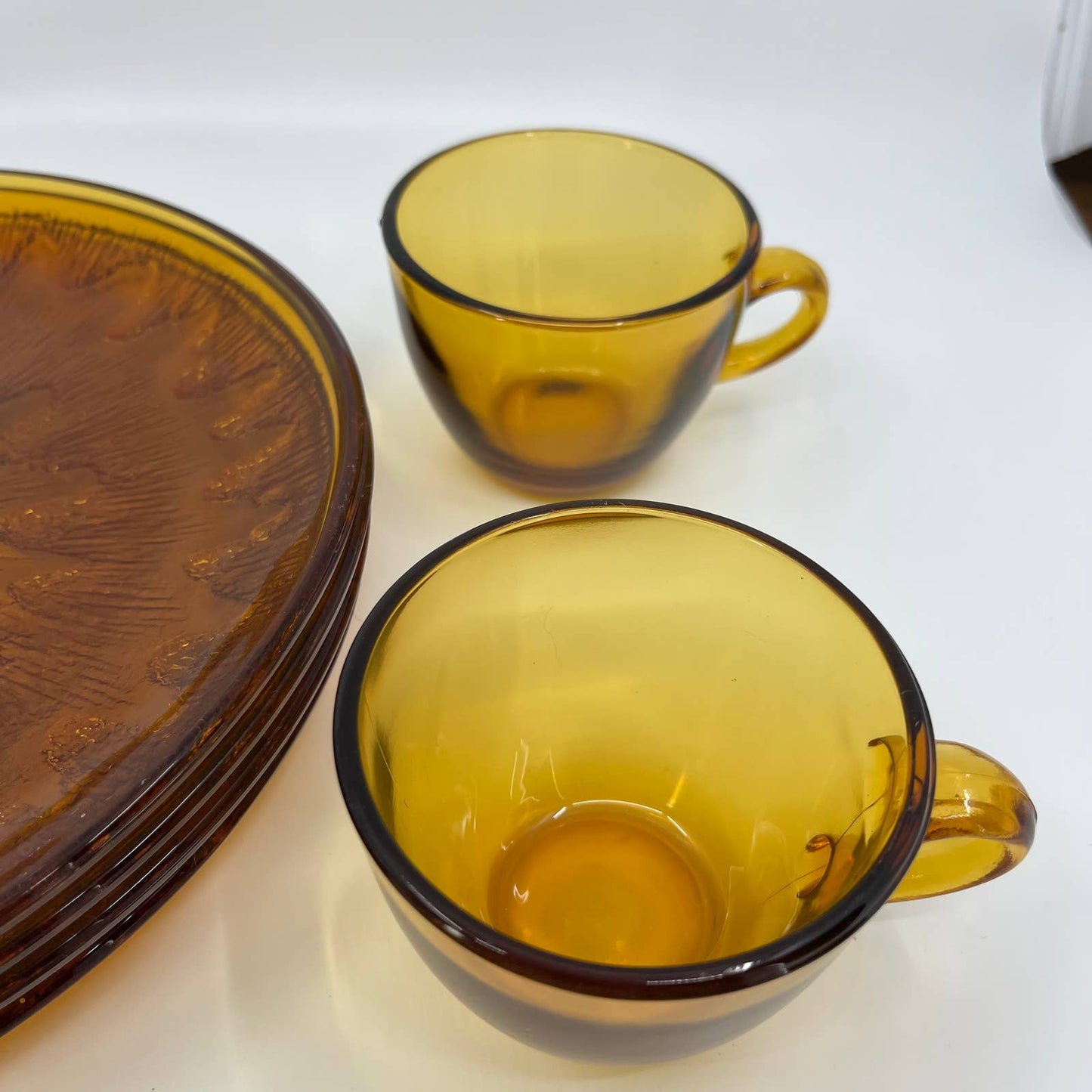 VTG Indiana Glass Golden Honey Amber Sunburst Snack Set 8 Piece Plates Cups TB5