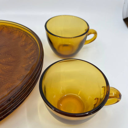 VTG Indiana Glass Golden Honey Amber Sunburst Snack Set 8 Piece Plates Cups TB5
