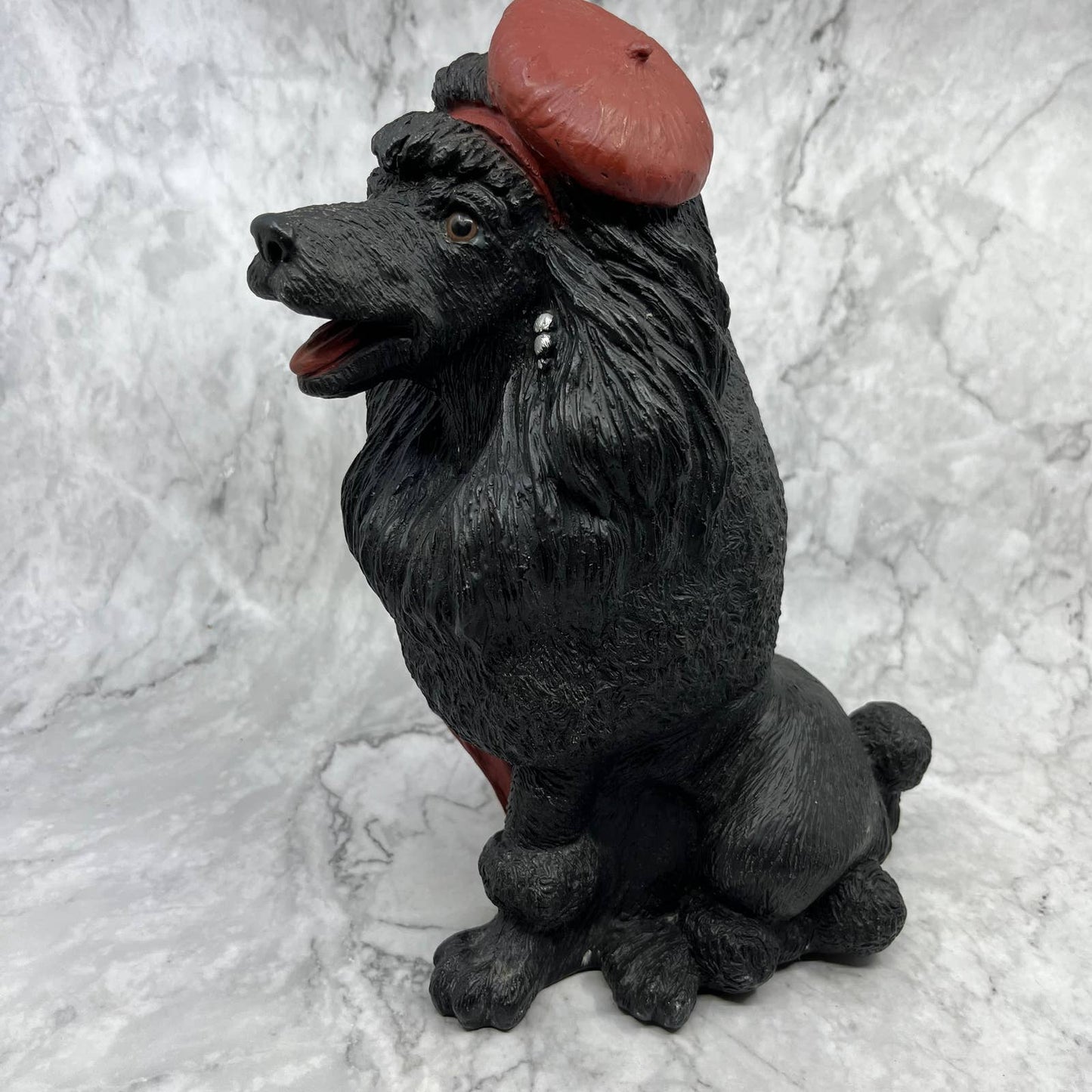 Vintage LARGE Black Poodle Statue With Red Beret and Earrings Cast Resin 11" TJ2