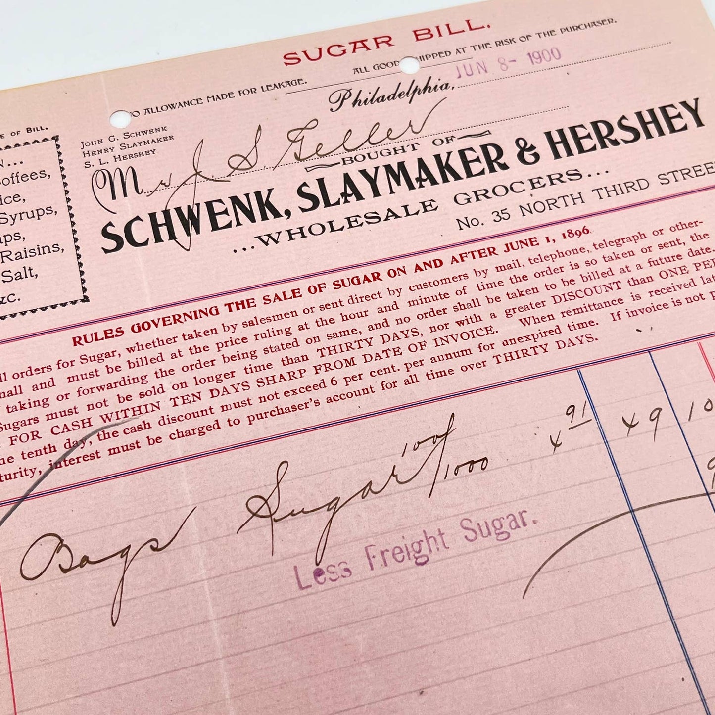 1900 Schwenk, Slaymaker & Hershey Grocers Letterhead Philadelphia PA AB5