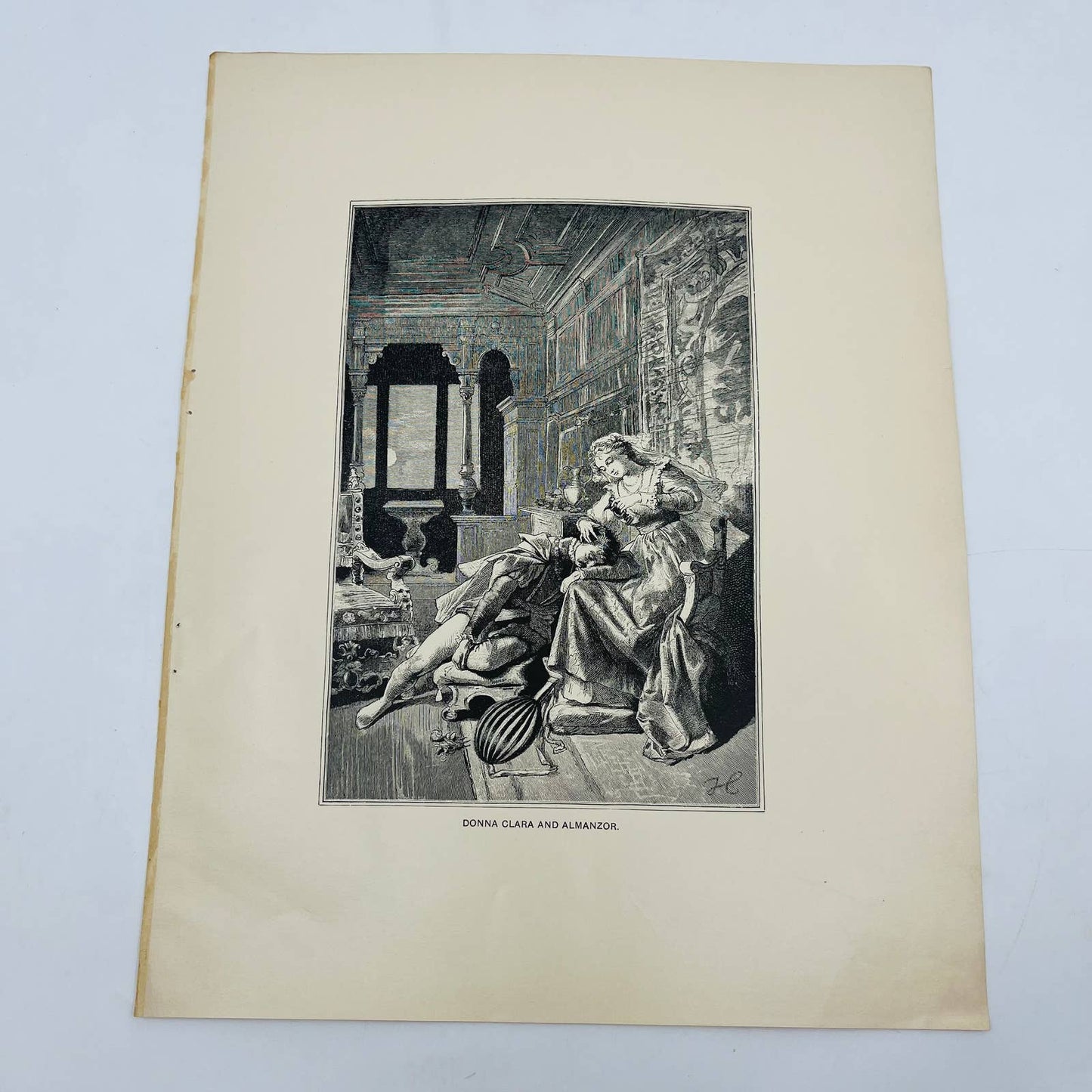 1880s Victorian Art Print Engraving Heine Almanzor DONNA CLARA AND ALMANZOR