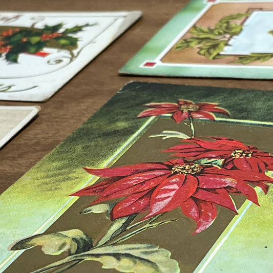 SET OF 4 - c1910 Christmas Postcards Poinsettia Holly Country Scene Farm PA2
