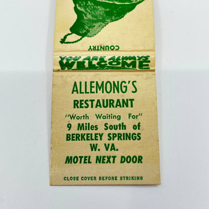 Vintage Matchbook Cover Allemong’s Restaurant W. VA Berkeley Springs WV SC6