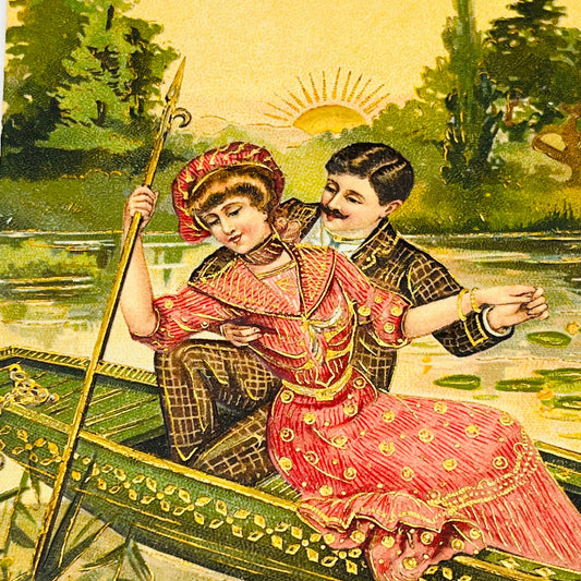 1910s Post Card Romance Illustrated Victorian Couple Kissing Boat Gilt Poem PA6