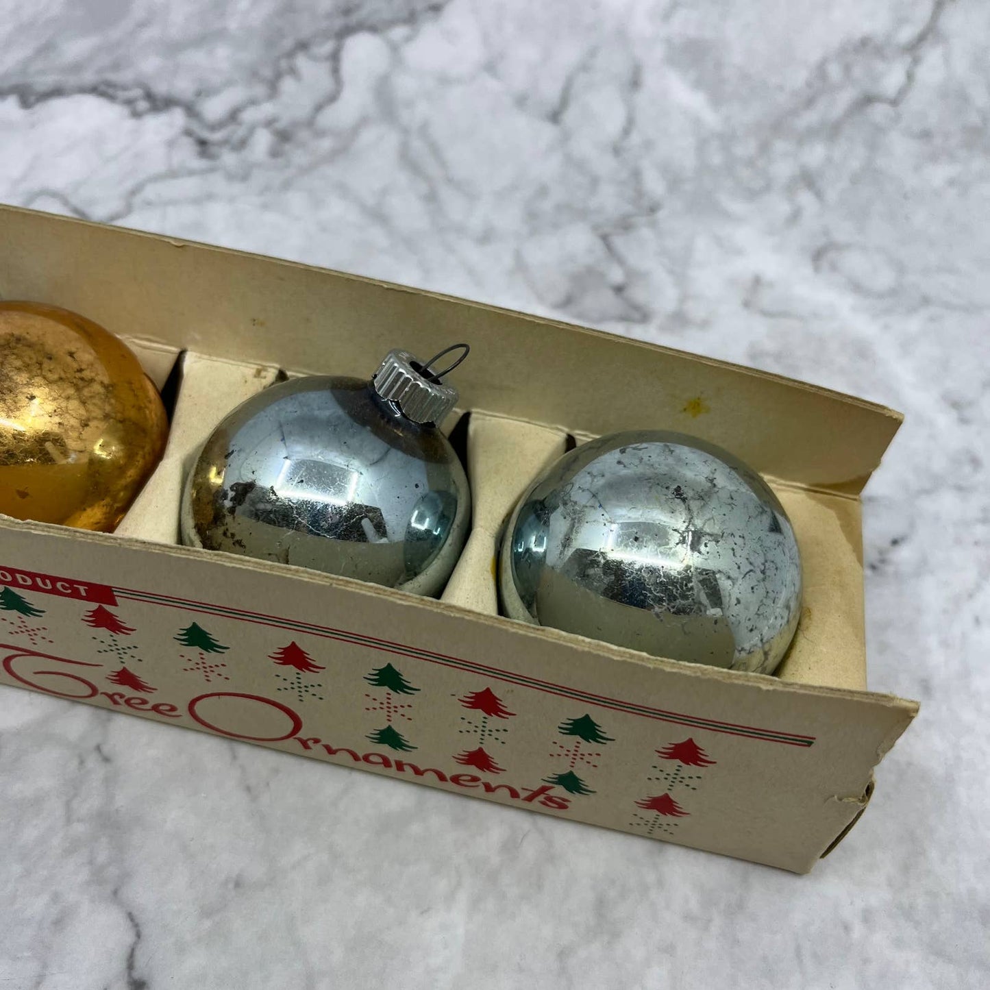 Shiny Brite Vintage Mercury Glass Ornaments Set of 5 in Box Silver Gold 2"