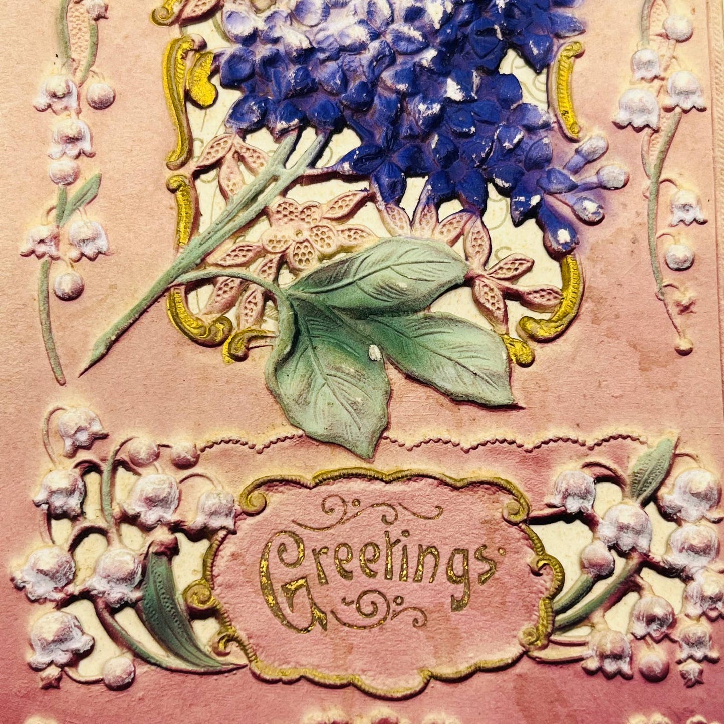 1910s Christmas Folding Card Die Cut Heavy Embossed Air Brushed Floral Gilt PA4