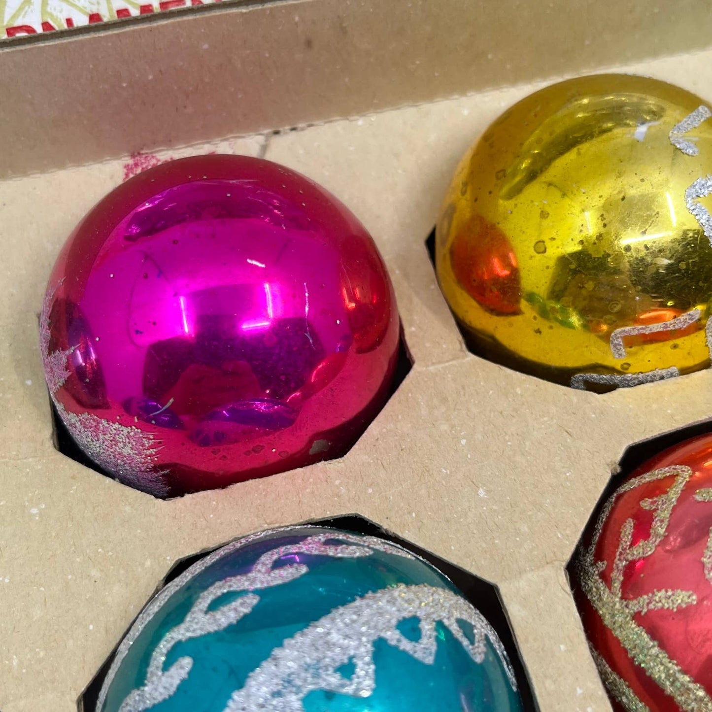 Shiny Brite 12 Vtg 2 1/4" Mercury Glass Ornaments Original Box Mica Stencil OT1