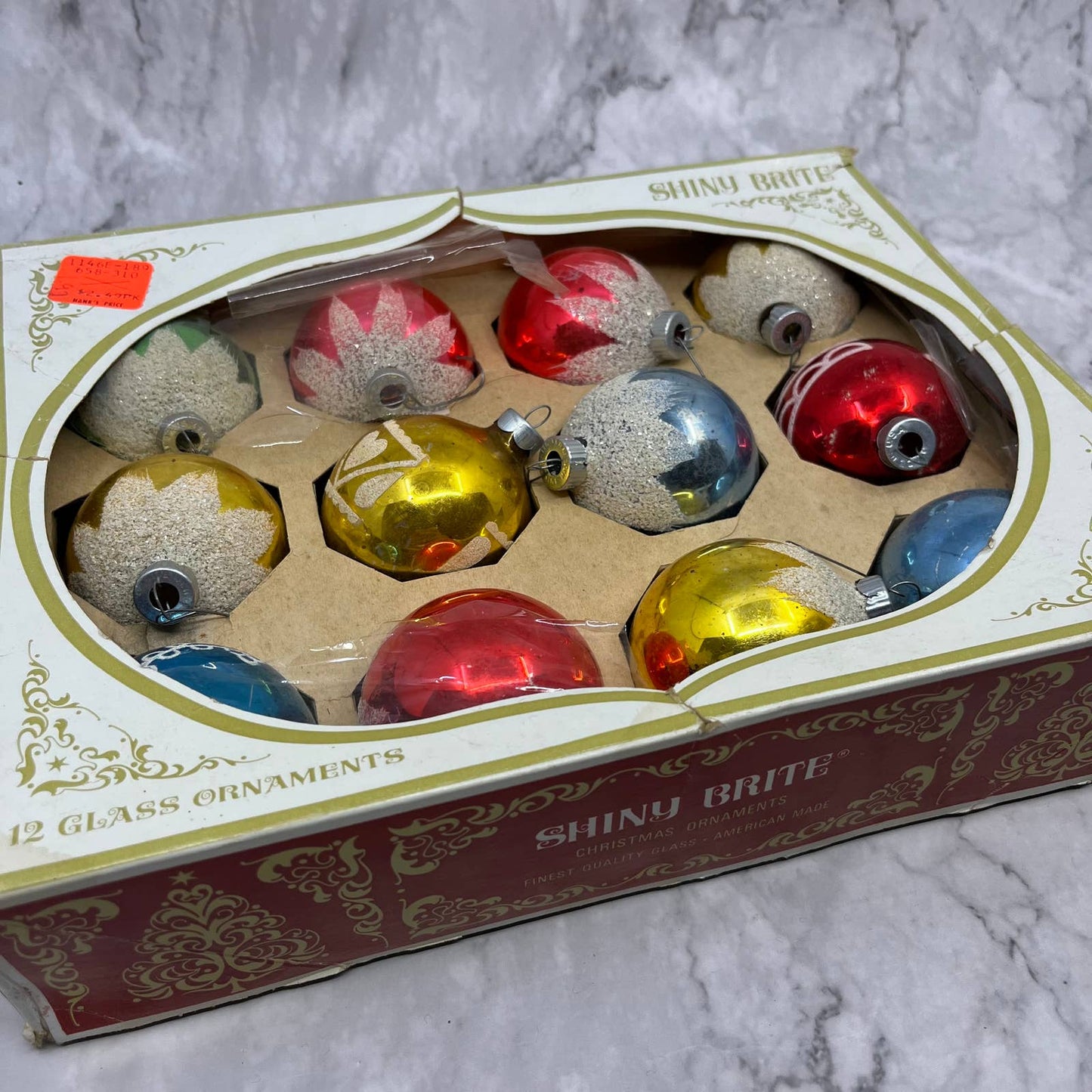12 Pc. Shiny Brite Christmas Flocked Glass Ornaments Red Blue Gold Green In Box