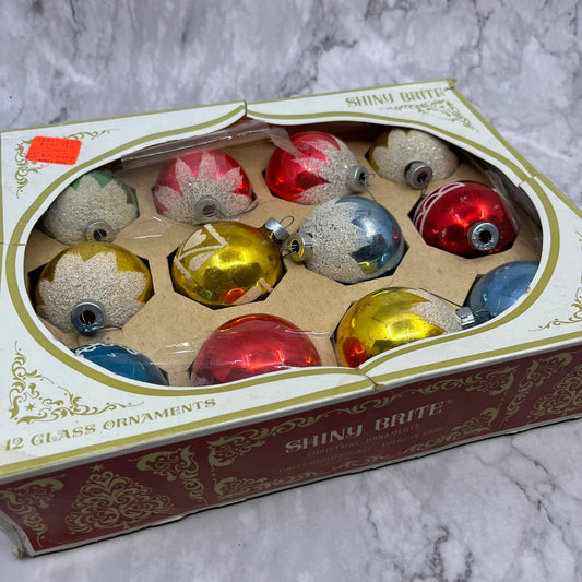 12 Pc. Shiny Brite Christmas Flocked Glass Ornaments Red Blue Gold Green In Box