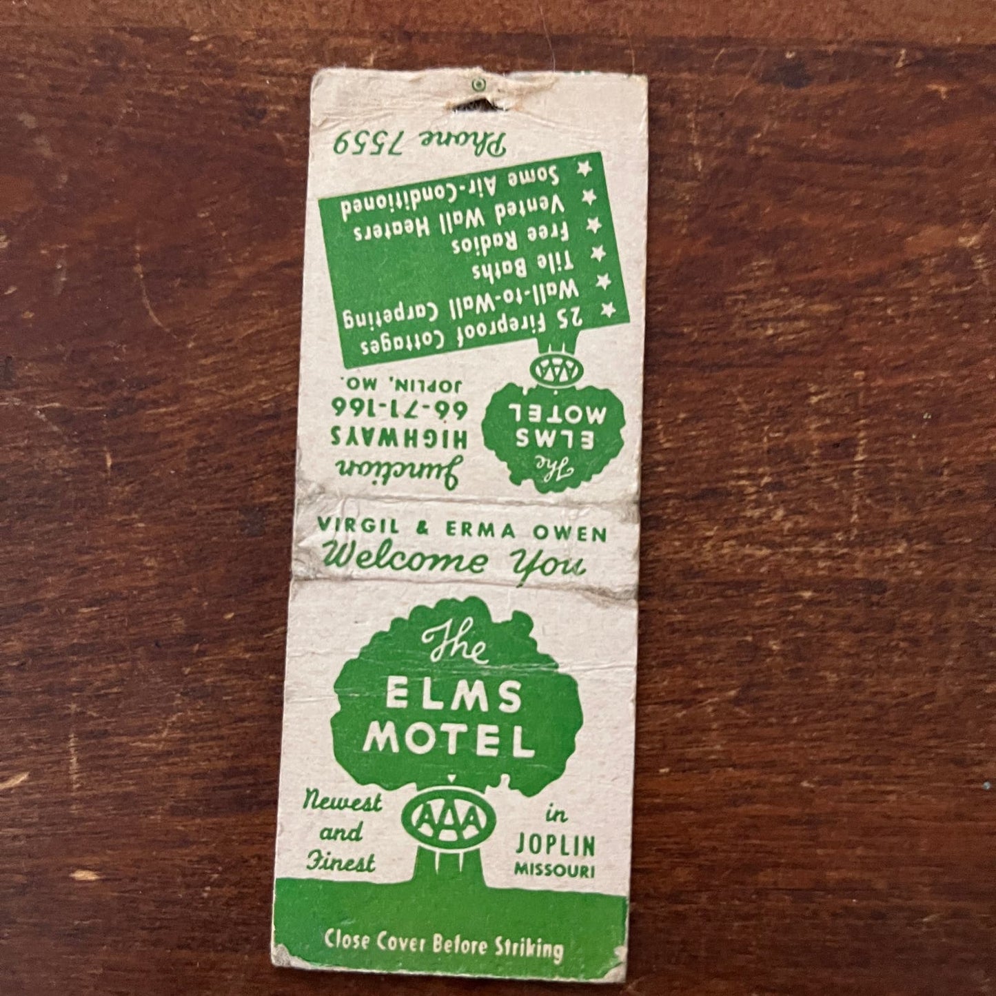 The Elms Motel Joplin MO Advertising Matchbook Cover SB3-M2