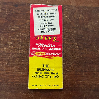 The Irishman Norge Appliances Kansas City MO Advertising Matchbook Cover SB3-M5