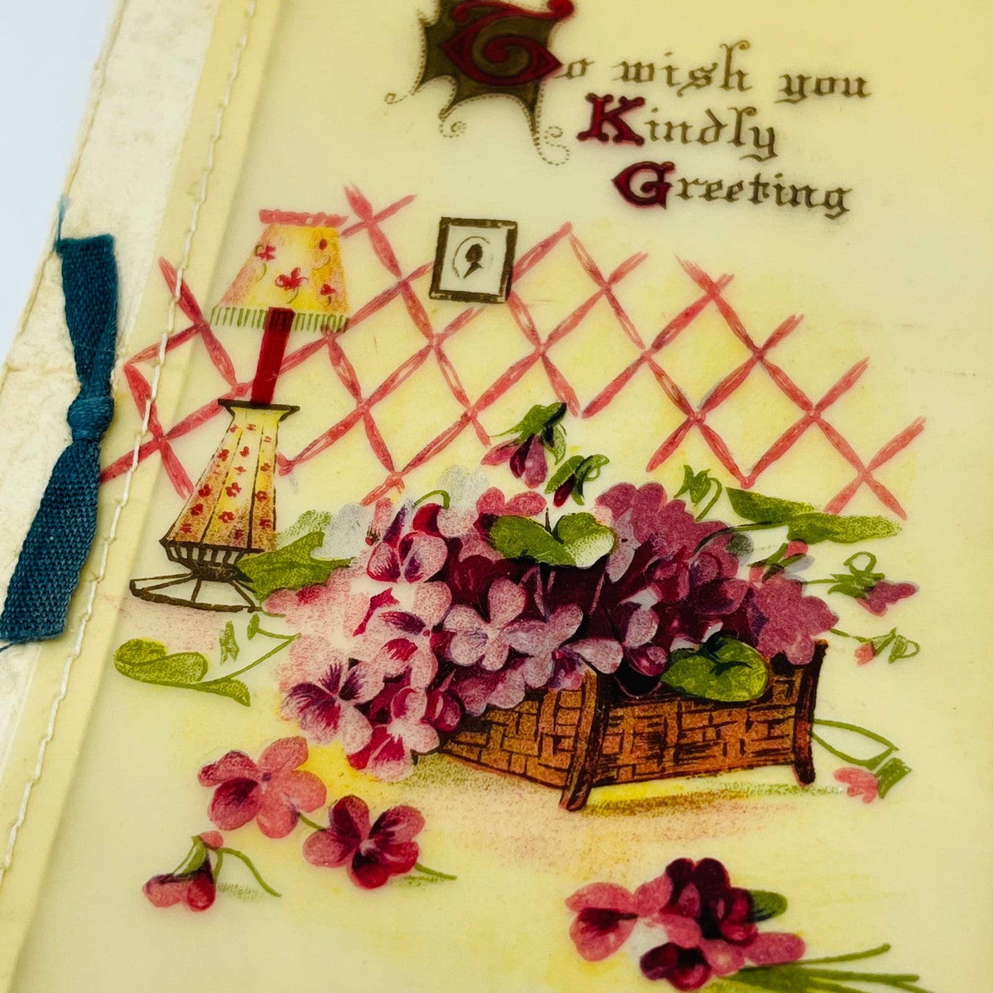 Antique 1910s Folding New Year’s Greeting Card Purple Flowers Bow Victorian C1
