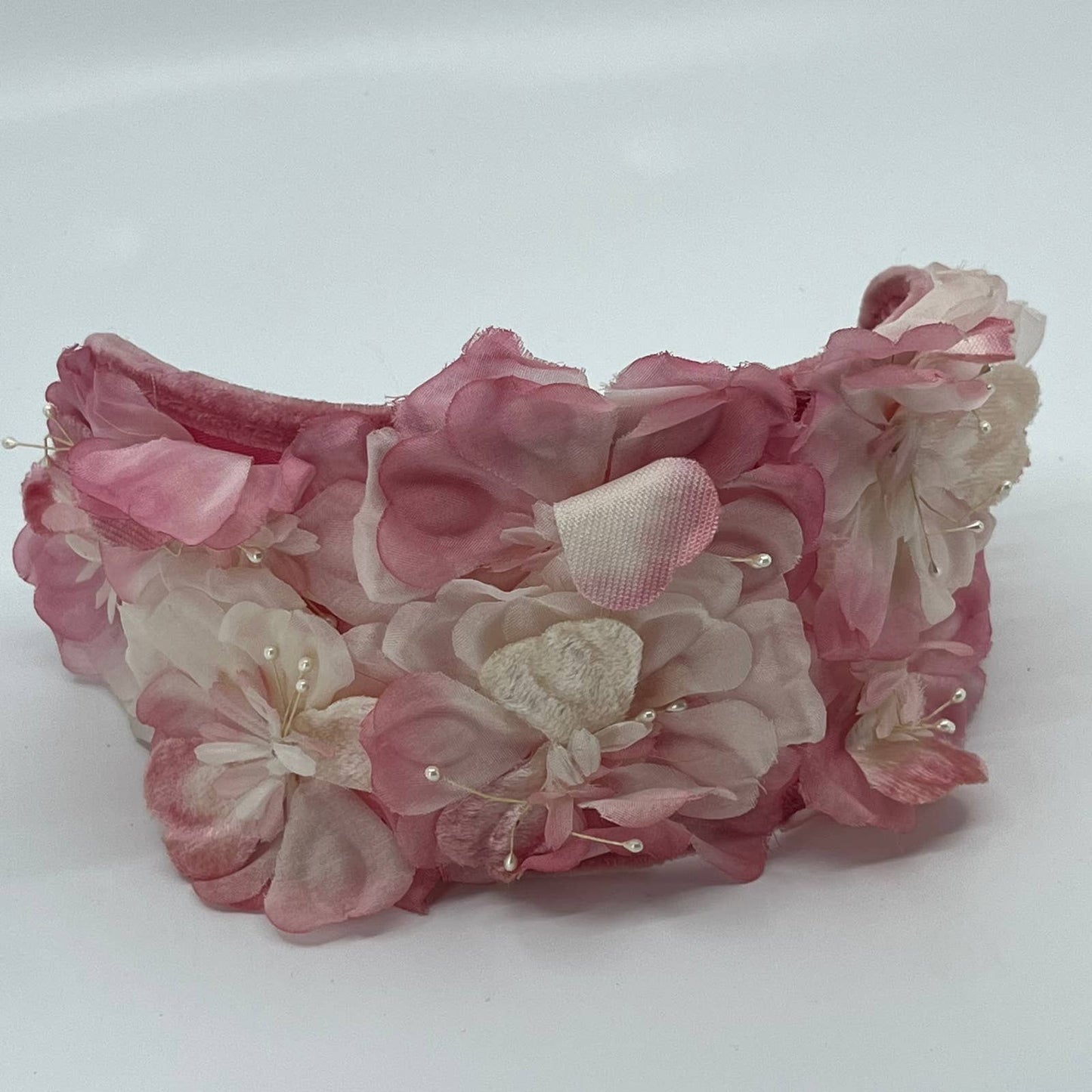 Vintage Woman’s White and Pink Velvet Flower Halo Headband Hair Wreath  HB1