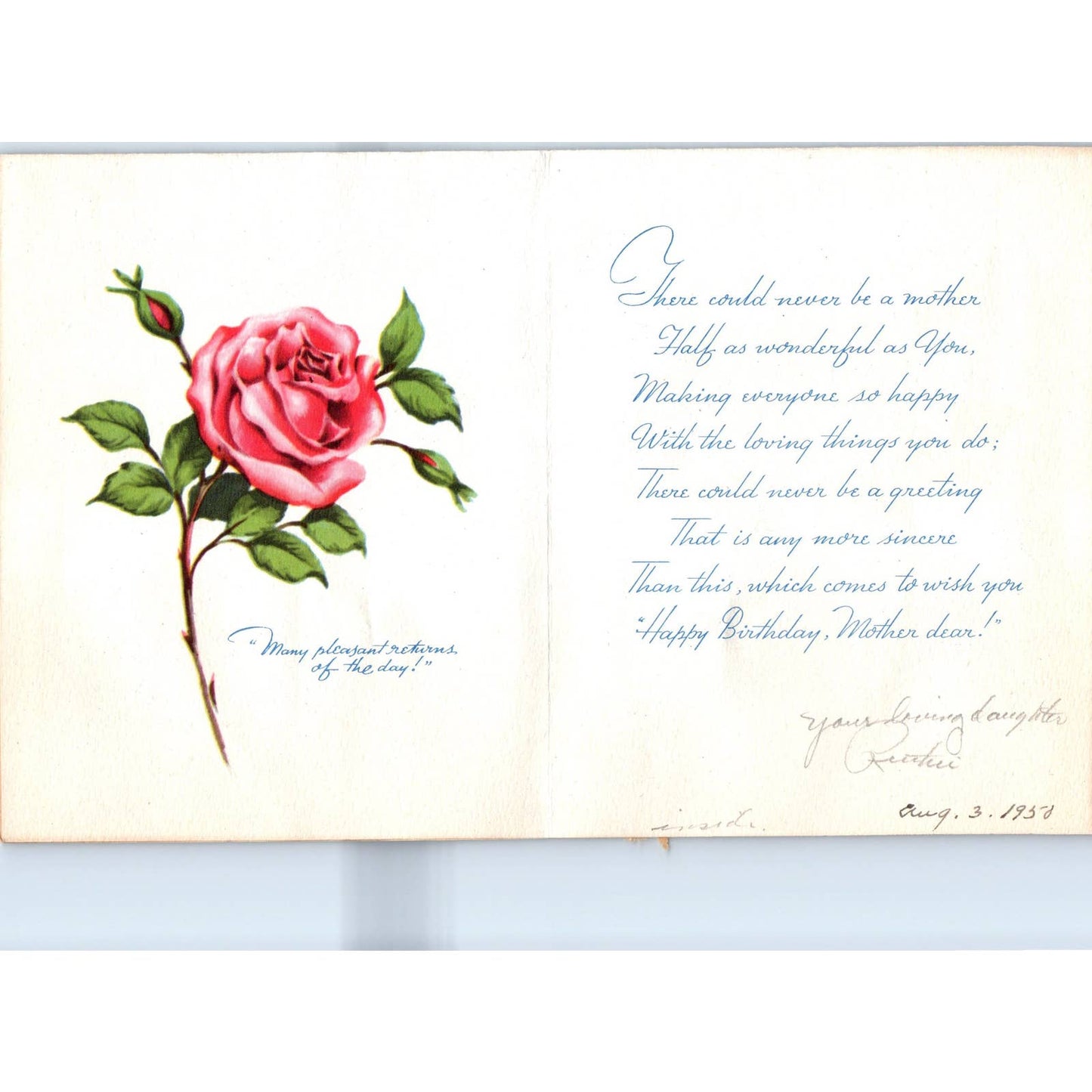 1940s The Pollyanna Line Birthday Card to Mother Pink Roses SF2