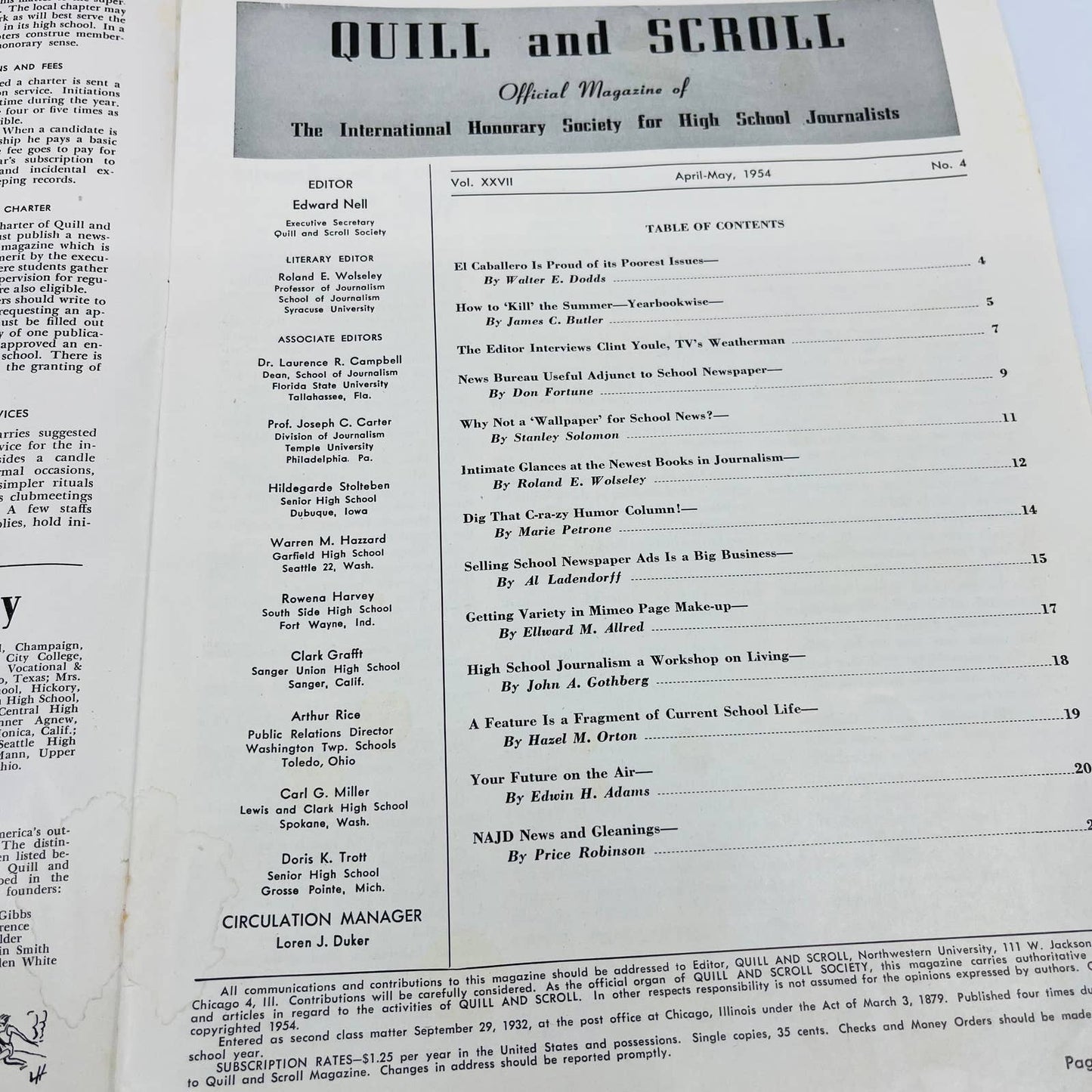 1954 Apr-May Quill and Scroll Newsletter Society for High School Journalists TD7