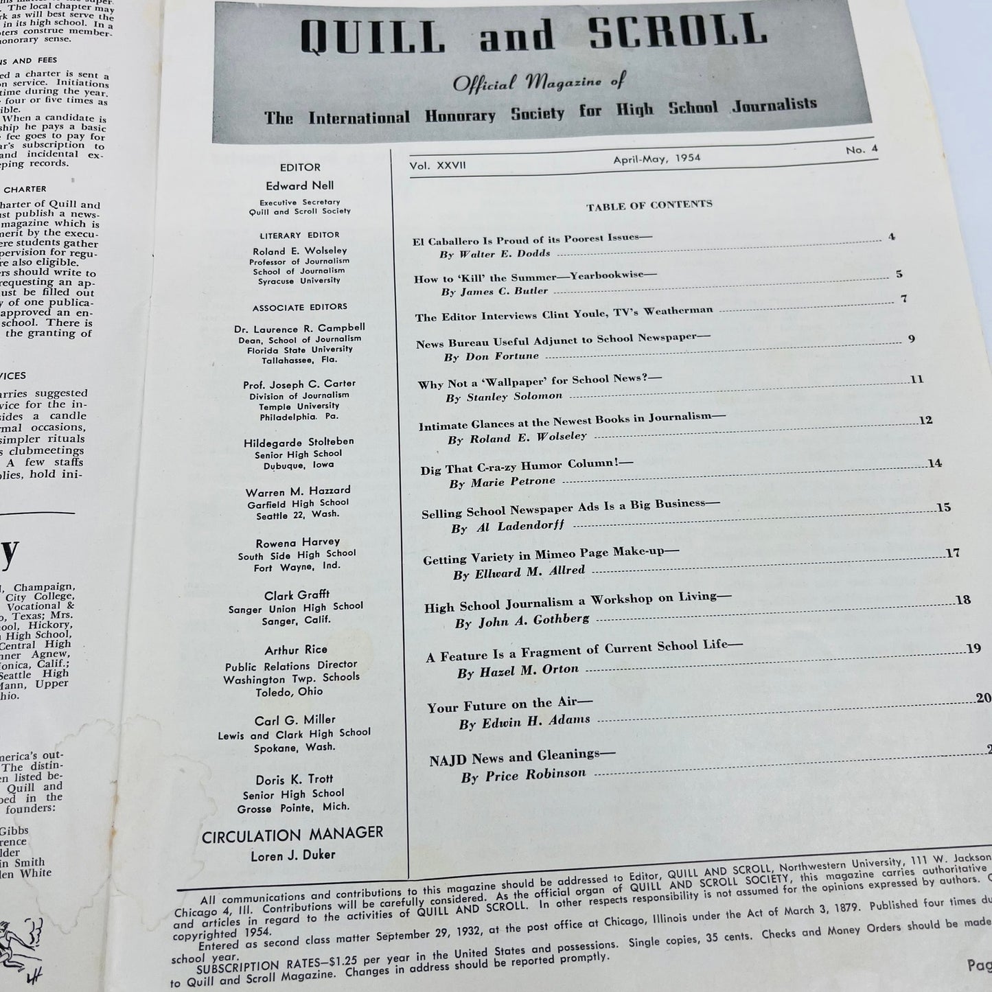 1954 Apr-May Quill and Scroll Newsletter Society High School Journalists V37-4