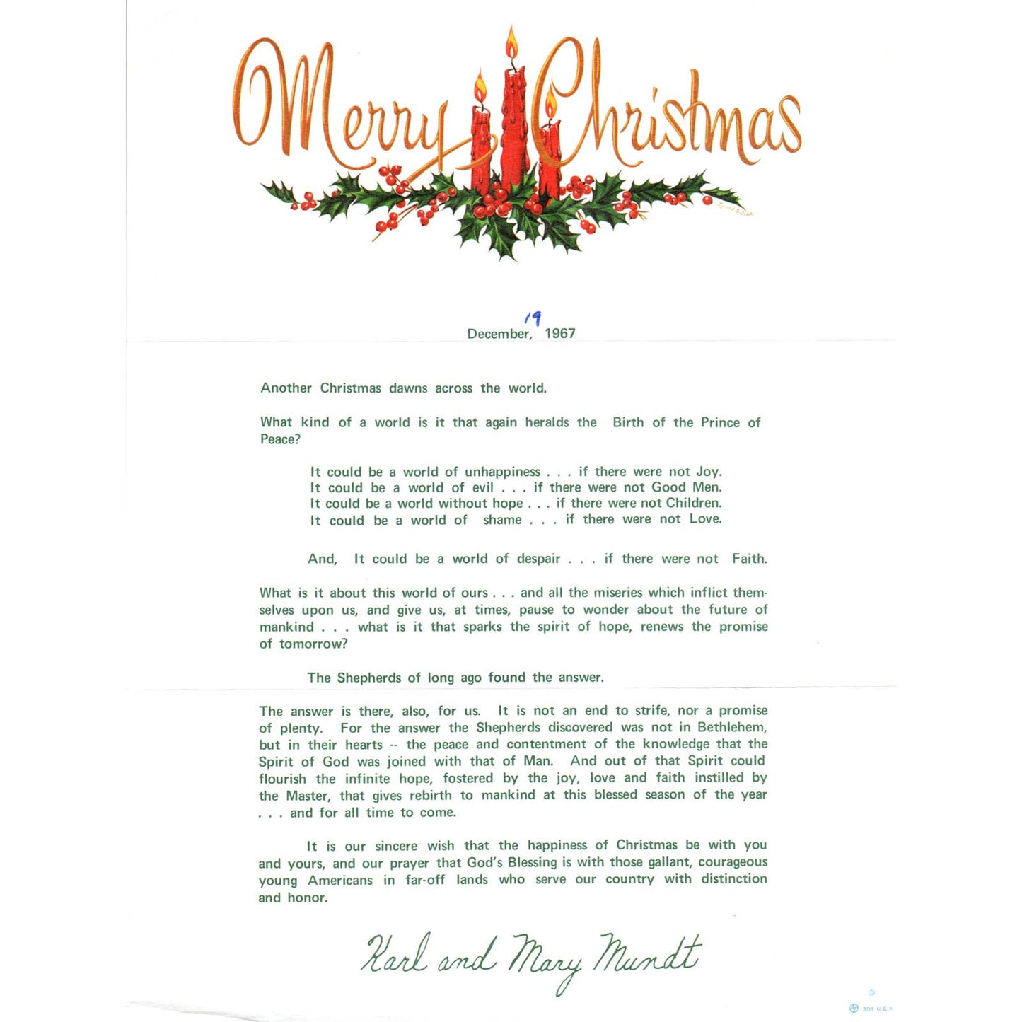 1967 Christmas Letter from Senator Karl Mundt and Wife Mary TK1-P6