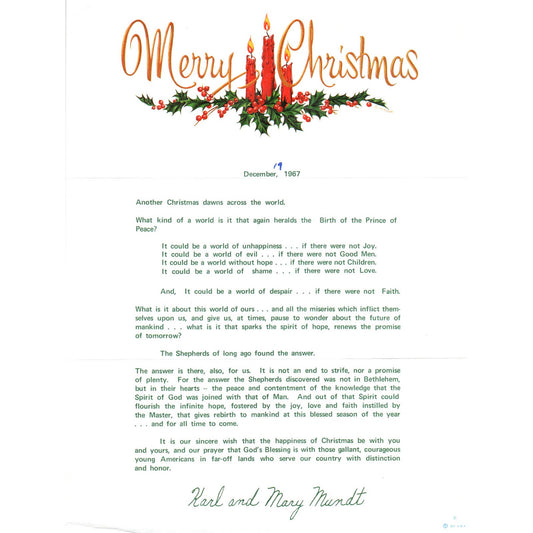 1967 Christmas Letter from Senator Karl Mundt and Wife Mary TK1-P6