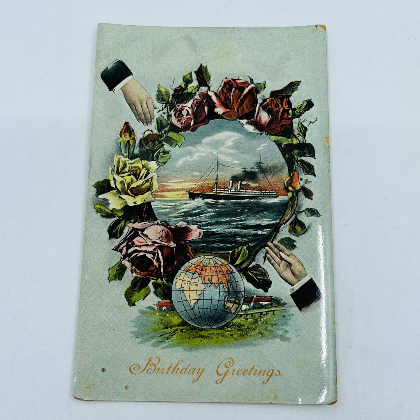 1910s Birthday Post Card Art Nouveau Steamship Globe Roses Gloss PA5