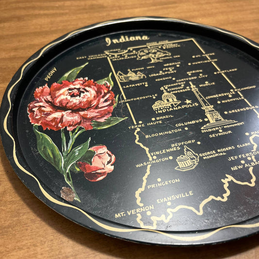 Vintage Black & Gold Metal State Souvenir Plate Tray Early Indiana 11” TG7