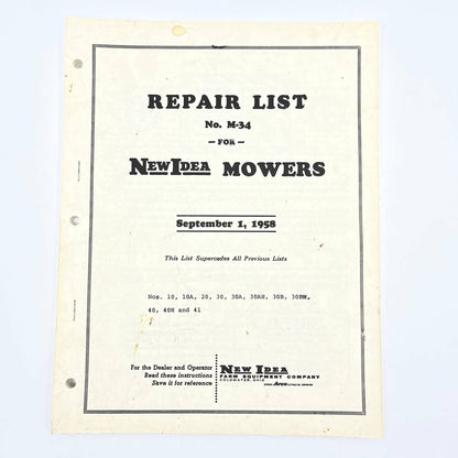 1958 New Idea Repair List M-34 Mowers 10, 10A, 20, 30 30А 39АН 30В 40 41 TB9