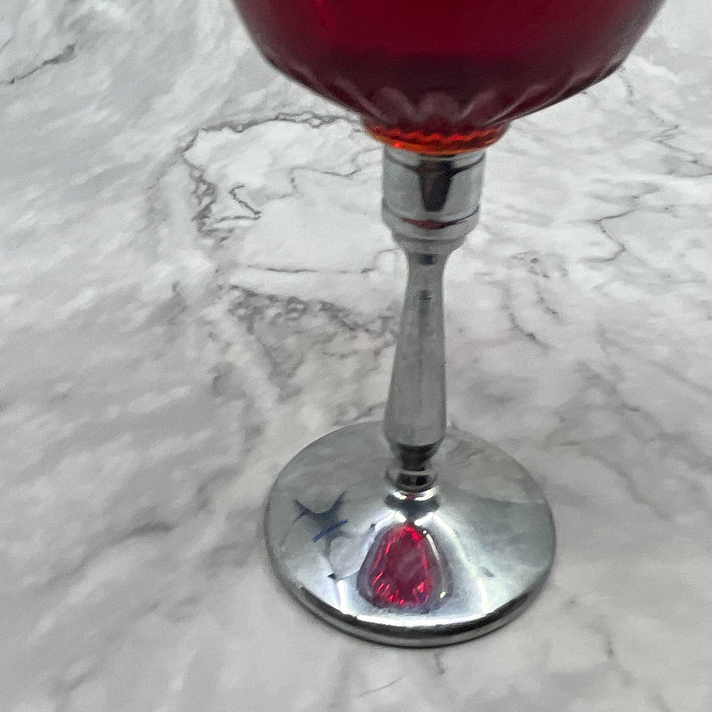 Vtg New Martinsville Ruby Red Elegant Glass Chrome Stem 5.25" Wine Glasse TI7