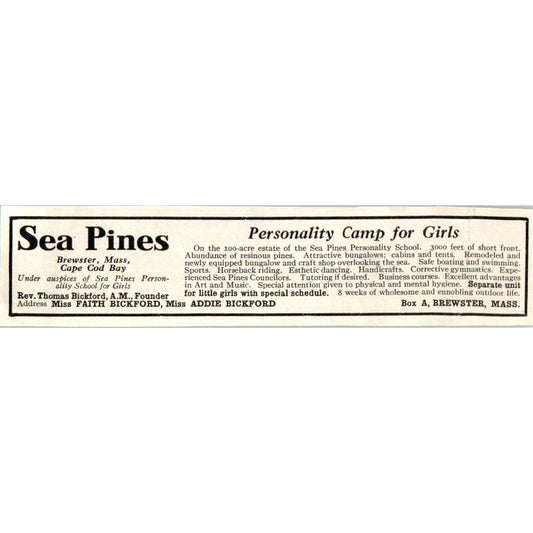 Sea Pines Personality Camp for Girls Brewster MA - 1921 Original Ad TJ7-S