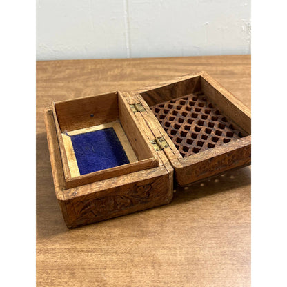 Vintage Hand Carved Solid Teak Wood Trinket Box Keepsake Jewelry 6 x 4 TH7