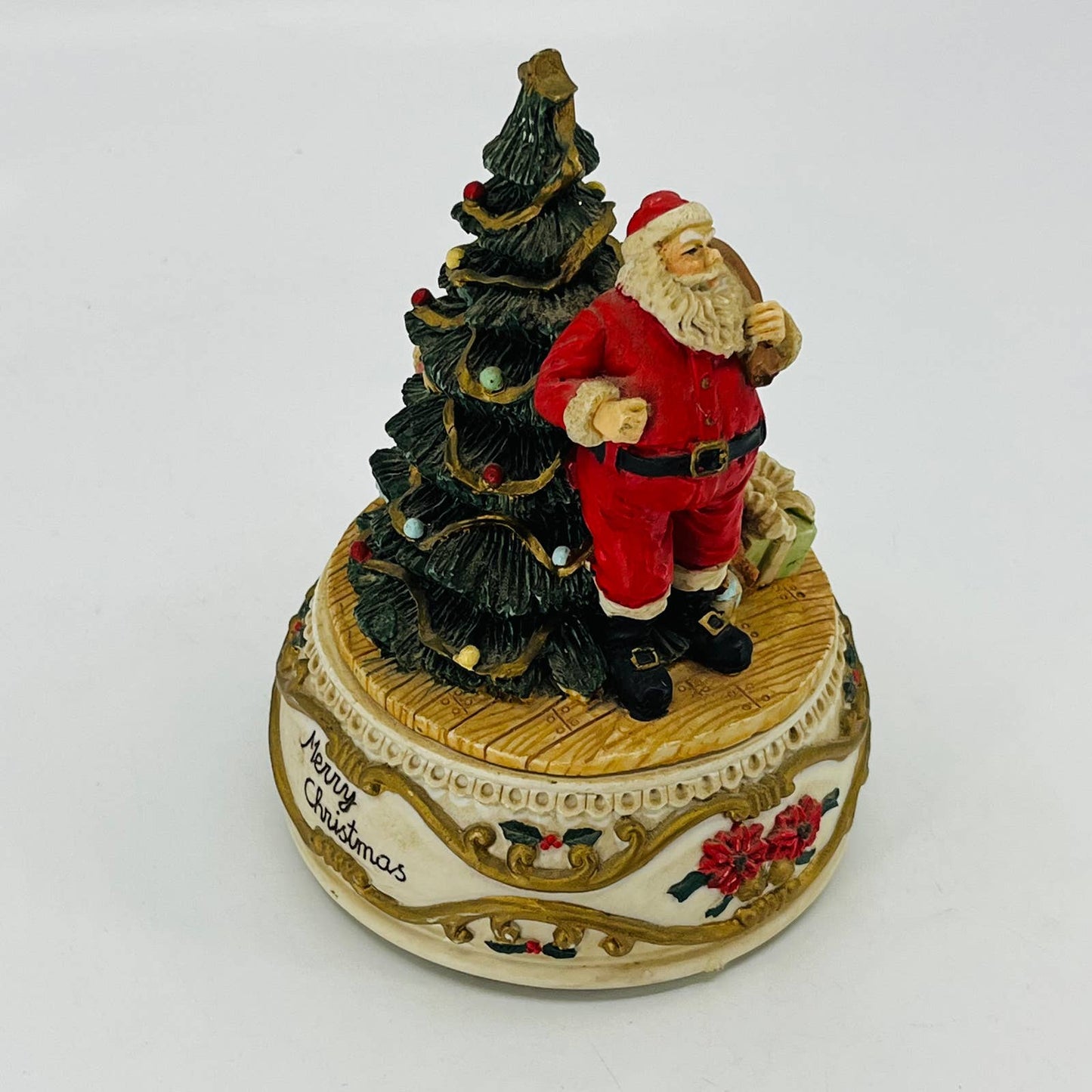 1990s Girl Peeking at Santa Behind Xmas Tree Music Box Oh Christmas Tree TC1