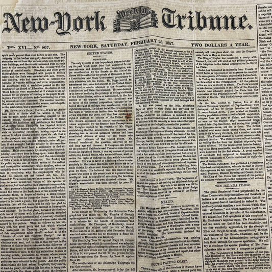 1857 Feb 28 Original New York Tribune - Minnesota Voted Admittance In Union FL4