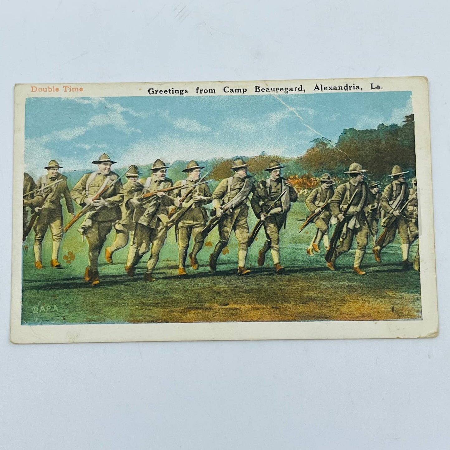 1910s WWI Post Card Soldiers Running Bayonets Camp Beauregard Alexandria LA PA8