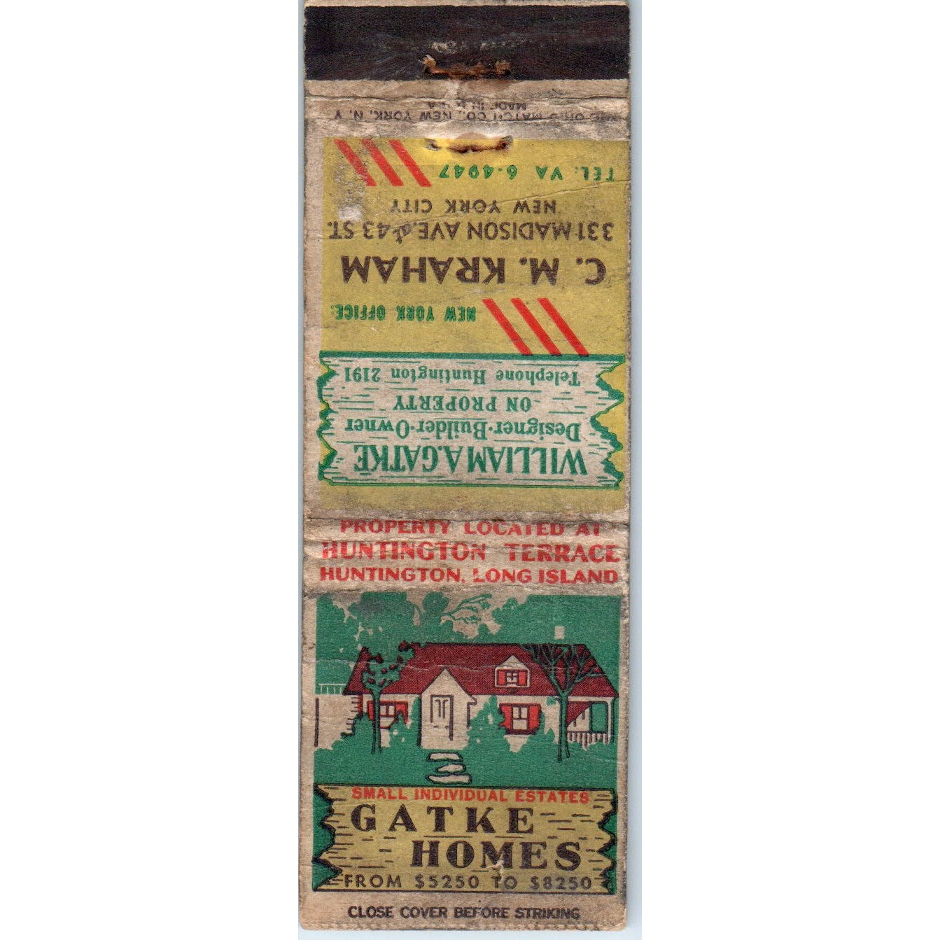 Gatke Homes C.M. Kraham NYC Advertising Matchbook Cover MM9-8