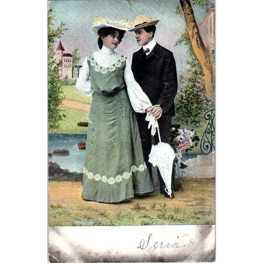 Romance Victorian Couple Courting Lady w Parasol 1906 Original Postcard TK1-21-3
