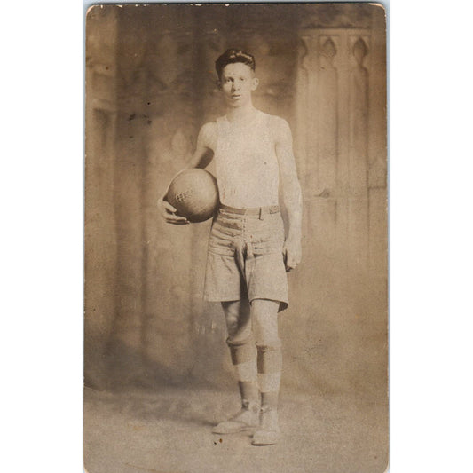 Basketball Player Boy With Worn Out Basketball RPPC Postcard Original AD8-P7