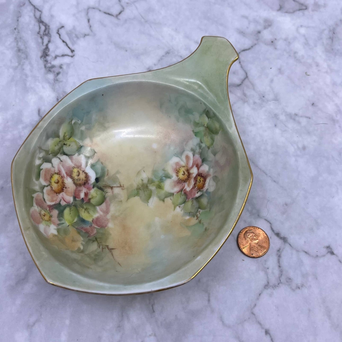 Antique M Z Austria Fine China Bowl Dish Green Floral 4.75x6.5 TE4