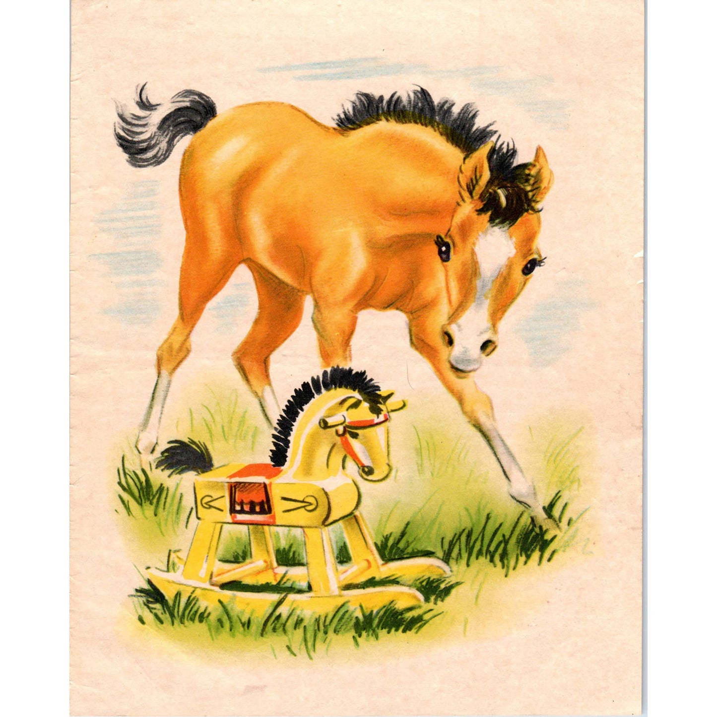 Vintage Kitschy Print Double Sided Puppy in Gift Box Horse 7.5x9.5 TJ1-2