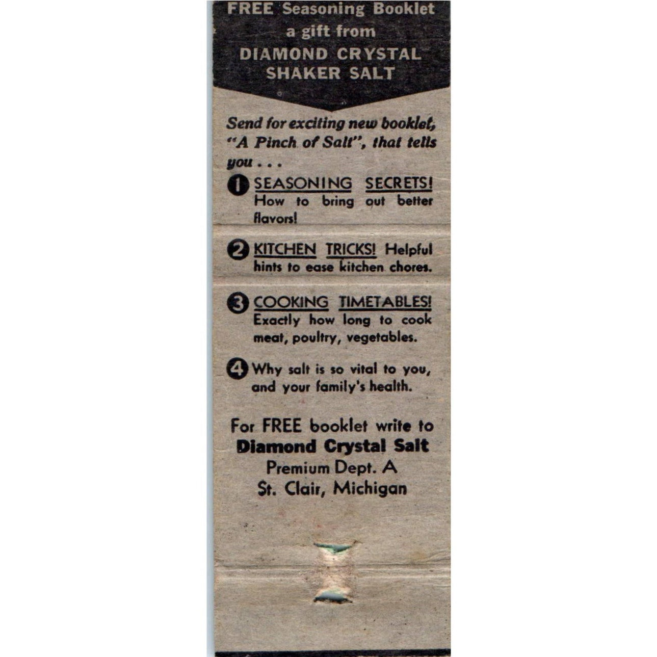 Diamond Crystal Shaker Salt St. Clair MI Advertising Matchbook Cover MM10-2