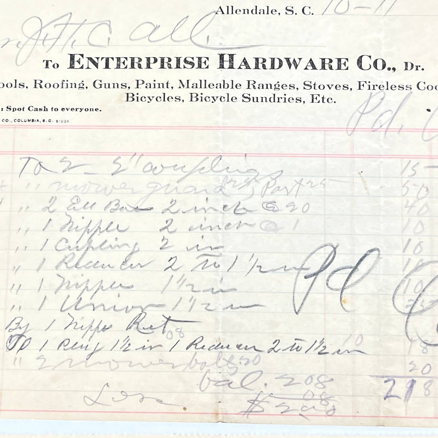 1913 Enterprise Hardware Co Letterhead Receipt Allendale SC Set of 2 AC3-1