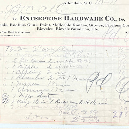 1913 Enterprise Hardware Co Letterhead Receipt Allendale SC Set of 2 AC3-1